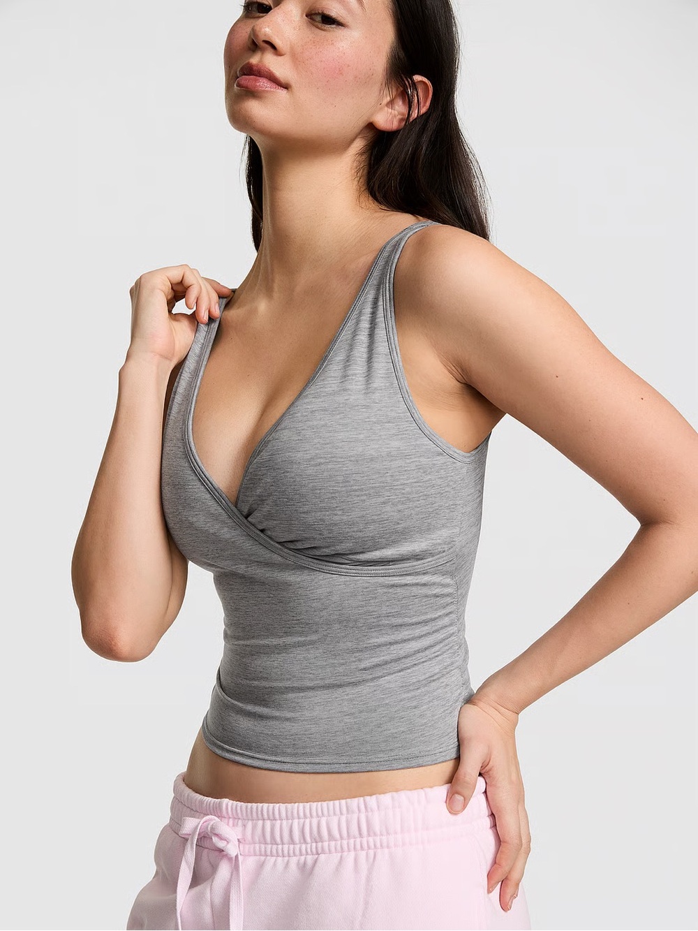 PINK Victoria's Secret Grey Ribbed Twist-Front Tank